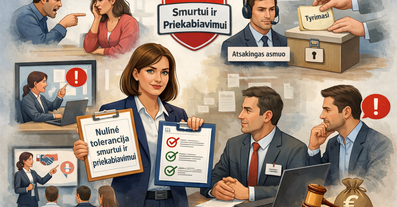 Iliustracija apie smurto ir priekabiavimo darbe prevenciją su užrašu „Stop smurtui ir priekabiavimui“