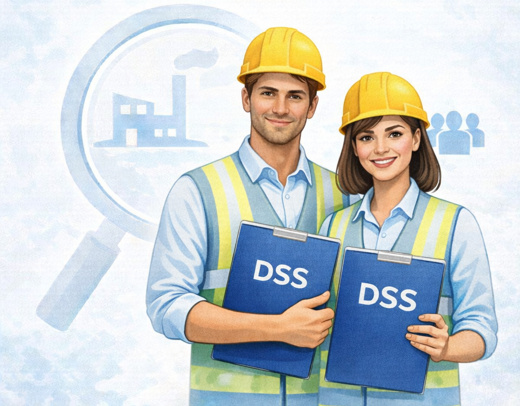 Du darbų saugos specialistai su šalmais ir DSS dokumentais gamyklos fone