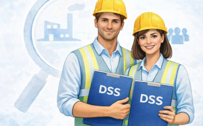 Du darbų saugos specialistai su šalmais ir DSS dokumentais gamyklos fone