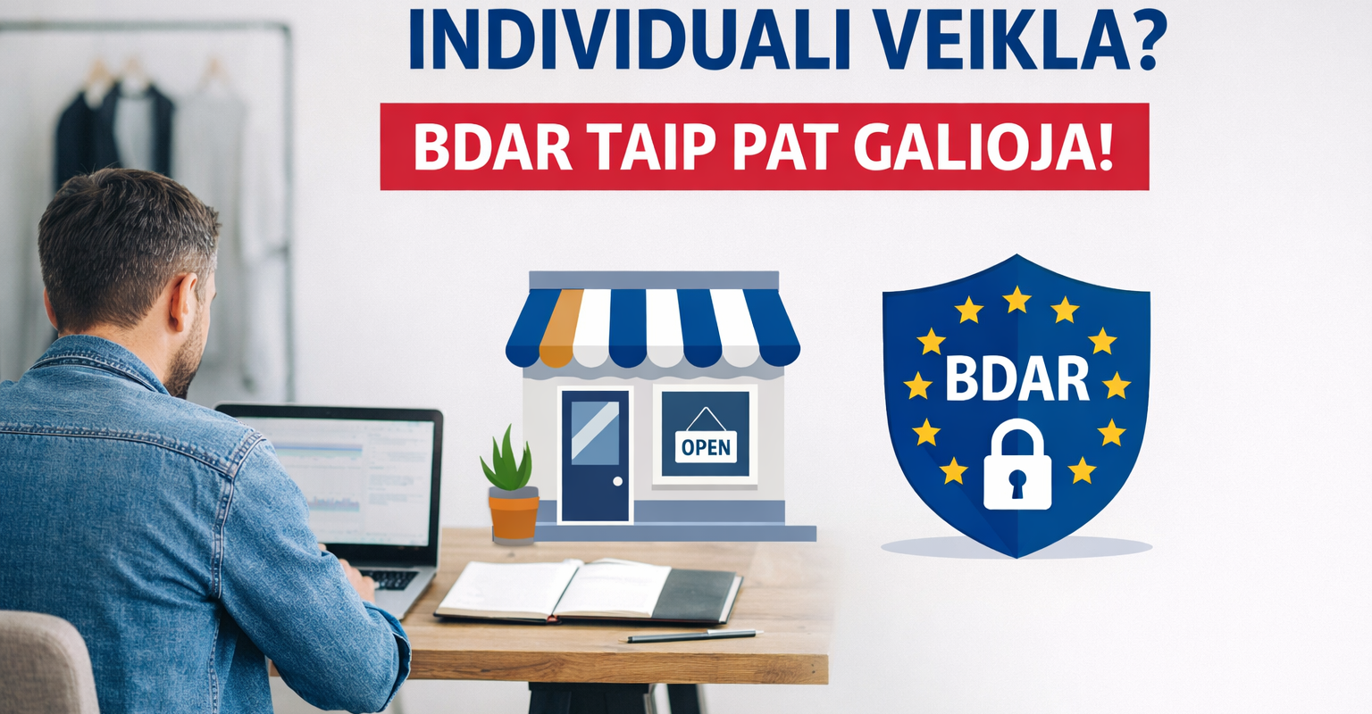 Individualios veiklos savininkas prie kompiuterio ir BDAR duomenų apsaugos skydas