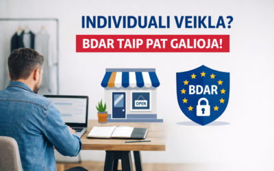 Individualios veiklos savininkas prie kompiuterio ir BDAR duomenų apsaugos skydas