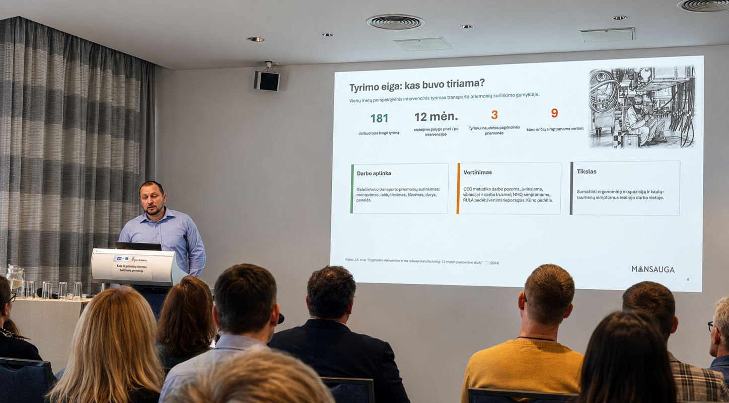 Mansauga specialistas skaito pranešimą apie ergonomikos tyrimą konferencijos dalyviams